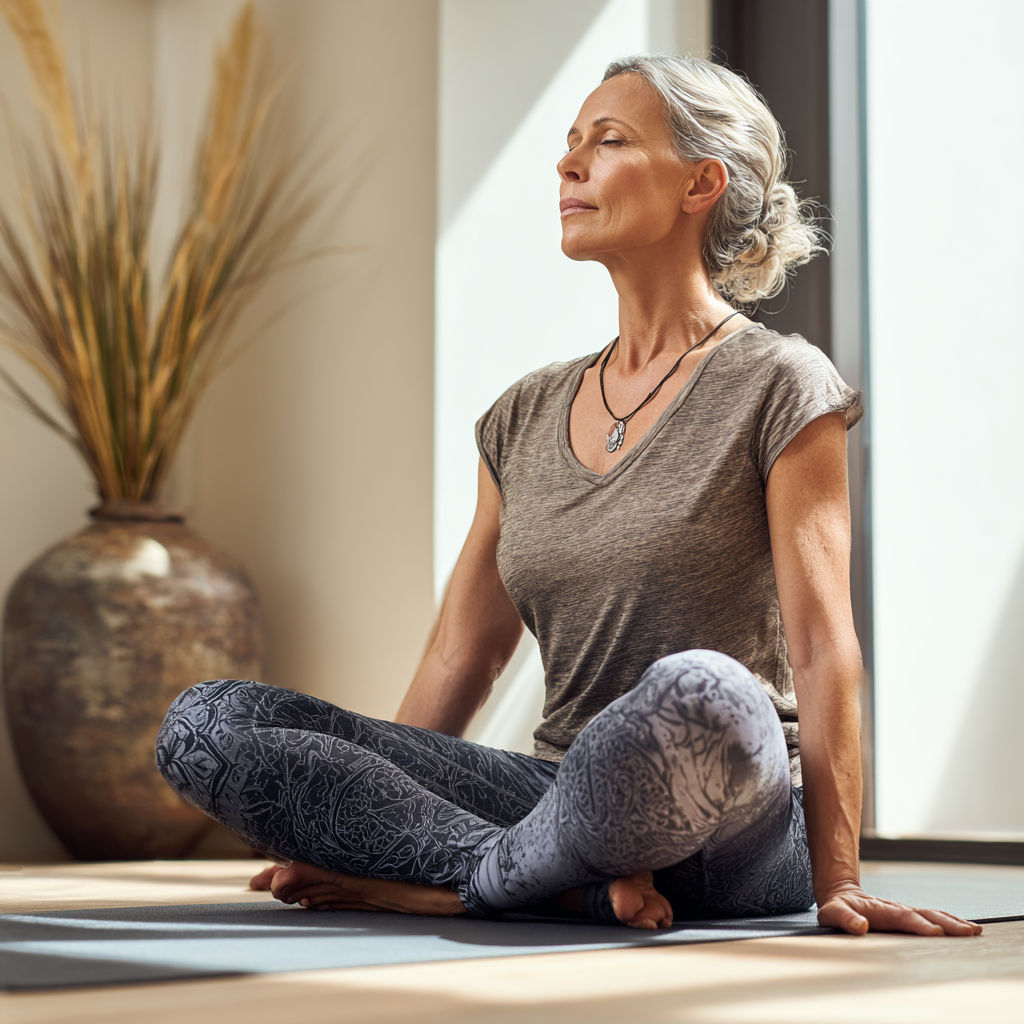 Middle-aged woman practicing gentle yoga stretches in a calm indoor space with natural light