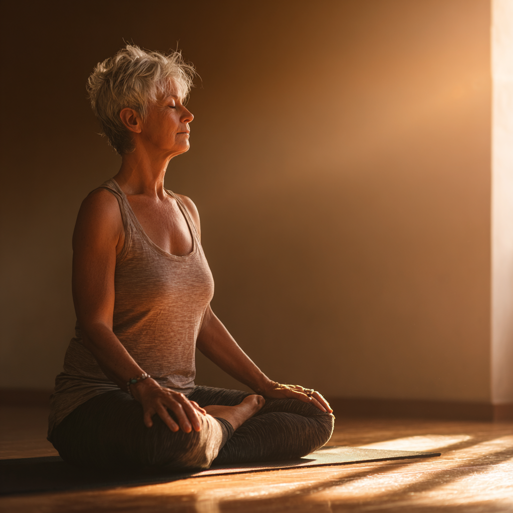 Older adult sitting in a peaceful meditation posture on a yoga mat with soft lighting